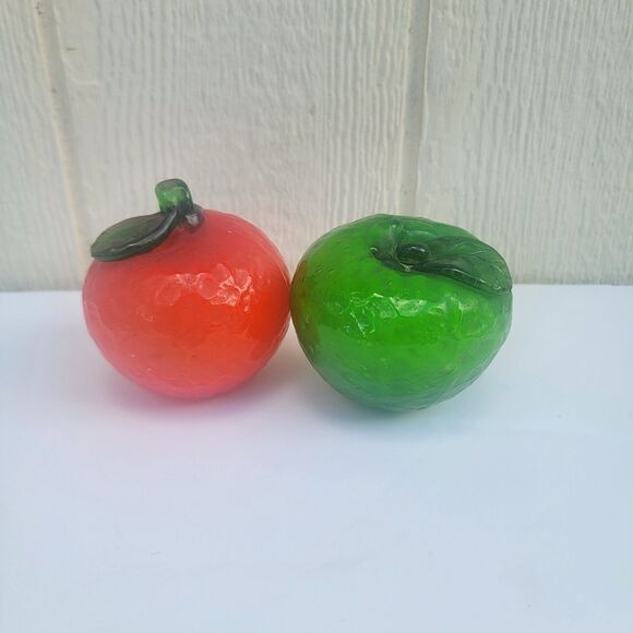 Set Of 2 Vintage Blown Art Glass Fruit Large Art Glass Green Apple And Orange - Picture 1 of 4